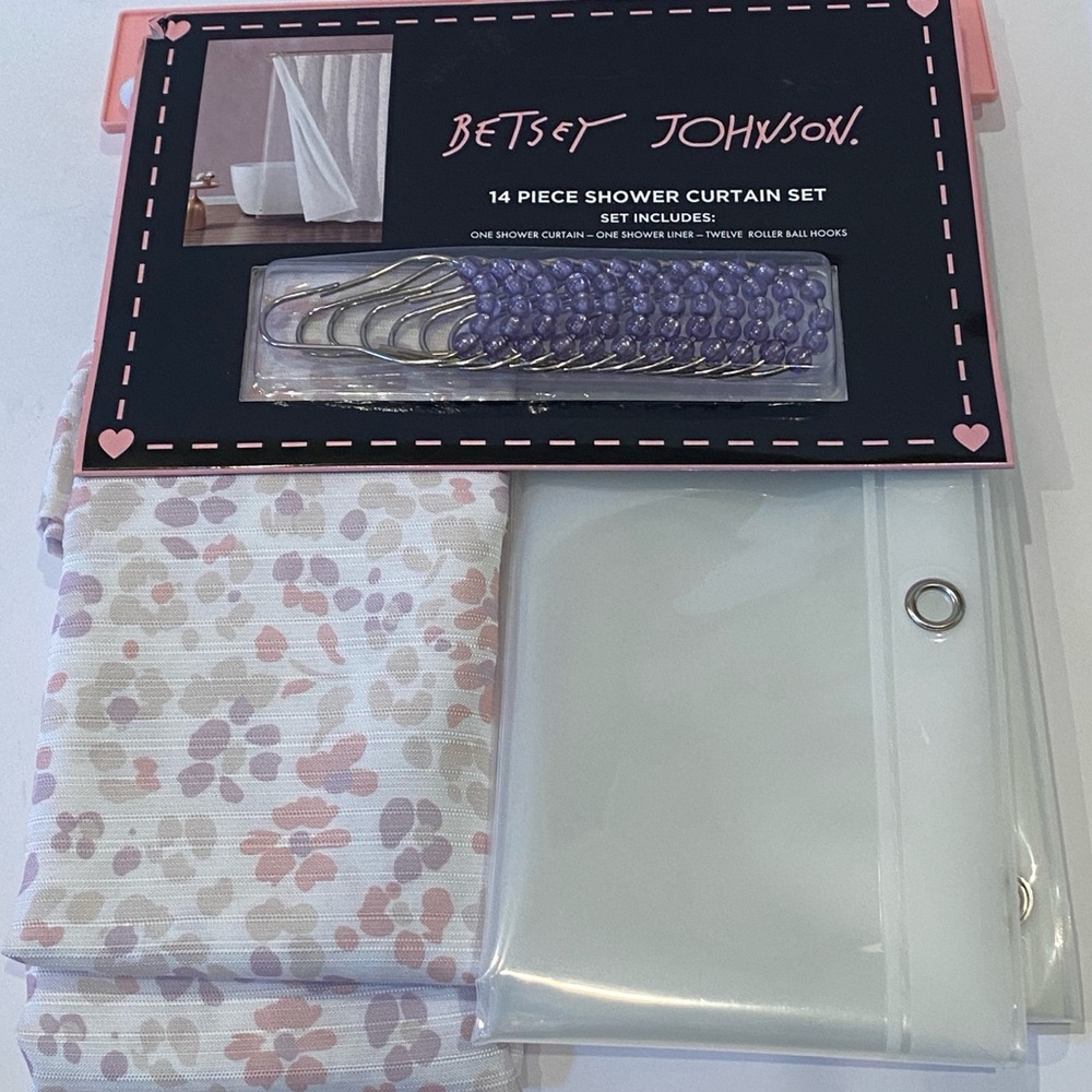 Betsey Johnson 14-Pc Shower Curtain Set Floral Leopard Pink/Purple 72x72 NWT